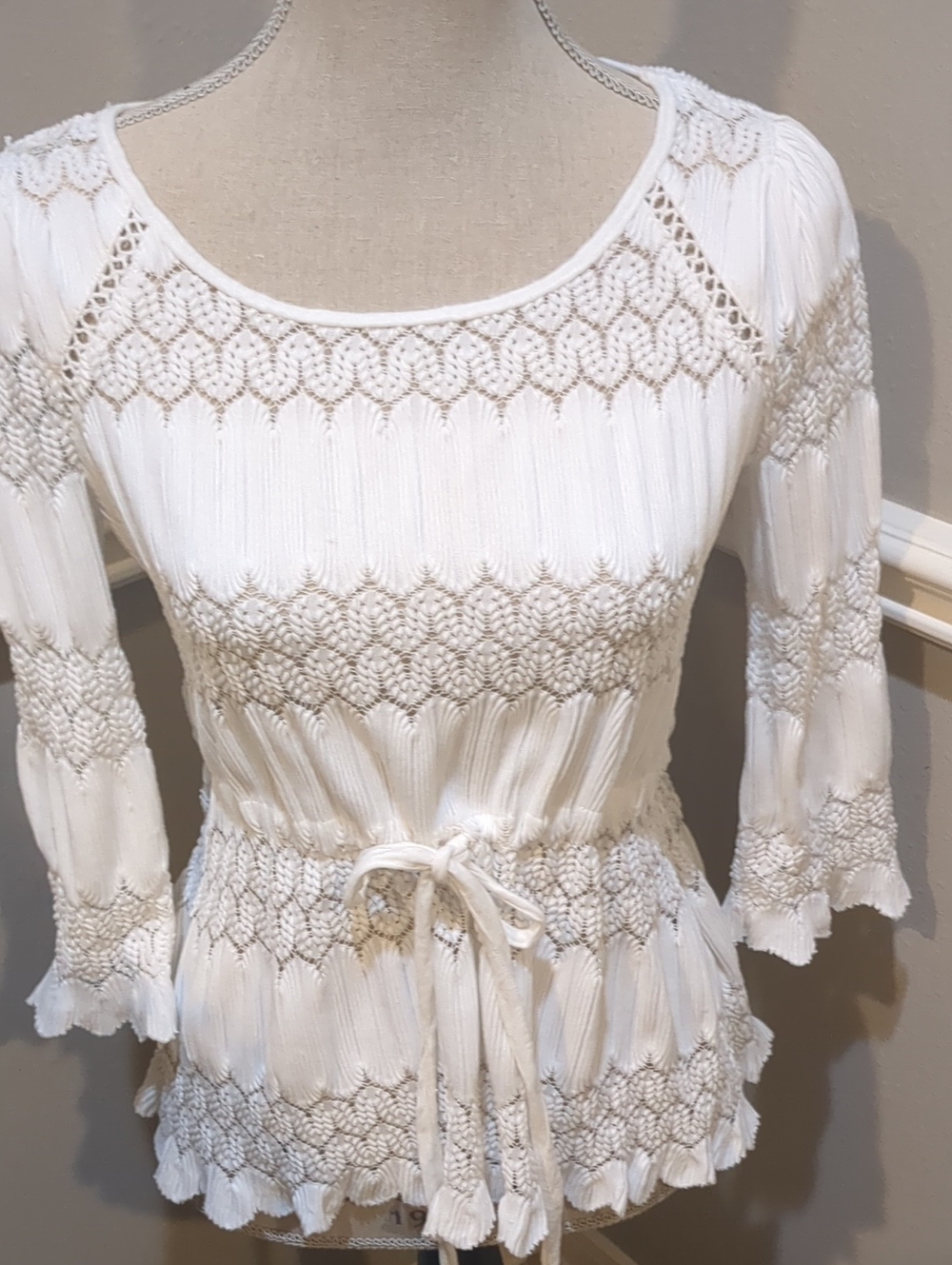 Free People White Lace Boho Top 3/4 Sleeve